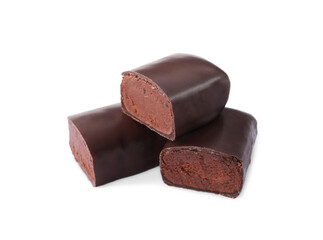 Delicious cut glazed curd snacks with cocoa on white background