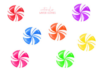 Watercolor set candy illustration, lollipop, sweet,stripes,realistic red and white spiral candy isolated. Children's print, holiday decor, nursery,character Merry Christmas, Happy New year, Noel,xmas 