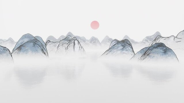 Ink wash painting of mountains, 3d rendering.