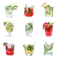 Set of different spicy cocktails with jalapenos on white background