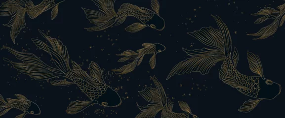 Fotobehang Luxury dark blue art background with goldfish in line style. Abstract hand drawn vector banner for wallpaper design, print, textile, decor, pattern, fabric. © VectorART