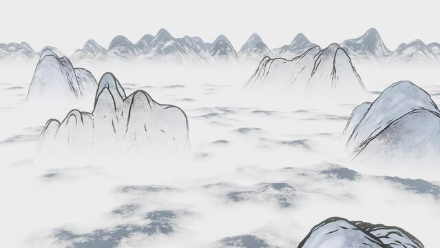 Ink wash painting of mountains, 3d rendering.