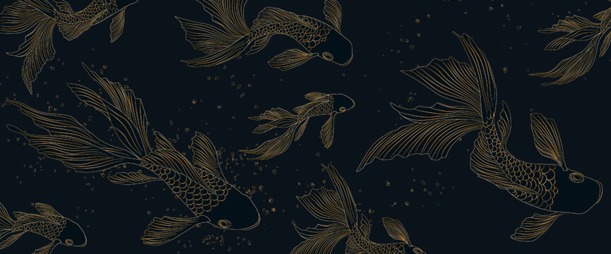 Luxury dark blue art background with goldfish in line style. Abstract hand drawn vector banner for wallpaper design, print, textile, decor, pattern, fabric.