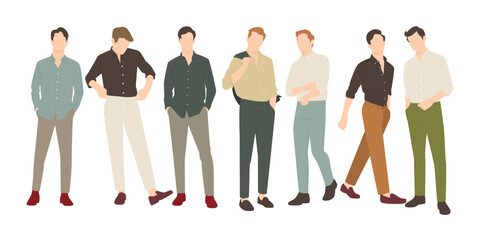 group of handsome man posing in casual stylish outfits. people flat design illustration