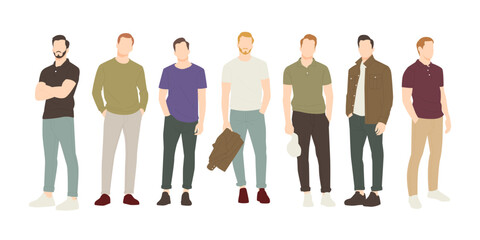 set of handsome man posing in stylish outfits. people flat design illustration