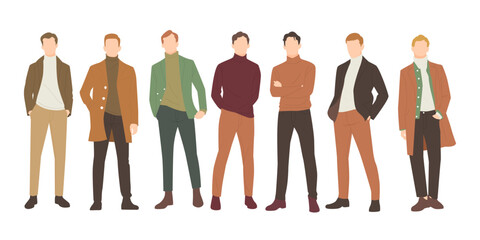 set of handsome man posing in stylish autumn outfits. people flat design illustration