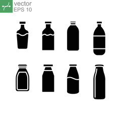 Drink bottles signage set in solid icon, plastic or glass beverage container for liquid used for food and drink business. Milk bottle icon set. Vector illustration. Design on white background. EPS 10