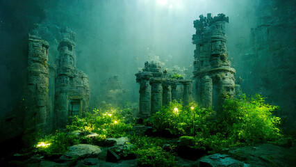 Illustration of underwater ruins - image generated by AI. - obrazy, fototapety, plakaty