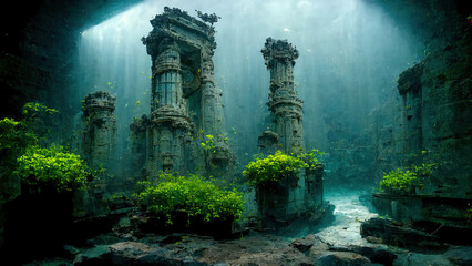 Illustration of underwater ruins - image generated by AI.