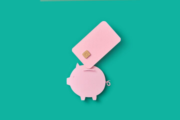 Papercraft piggy bank and pink credit card.
