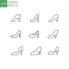 Women stylish footwear. Elegant women shoe for fashion item. Feminine and trendy shoes for web design. Line icon, high heel shoes icon set. Vector illustration. Design on white background. EPS 10