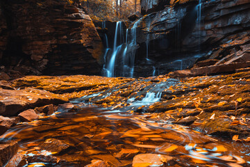 Elakala Falls in west  Virginia during a colorful golden autumn with yellow fall colored leaves decorating the cascading stream of water washing ve rat rocks.  