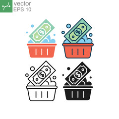 Money washing. Money laundry. Offshore laundering. Element of dollar crime for web apps. Bank, criminal, laundering money, note, wash icon. Vector illustration. Design on white background. EPS 10