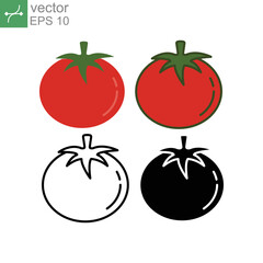 Organic fruit round tomato. Fresh and ripe of red cherry tomato. Juicy vegetable is tomato with leaf. Tomato icon, vegan, vegetarian, fresh. Vector illustration. Design on white background. EPS10