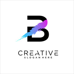 B Letter With Artistic Brush Stroke Ending.Purple Blue Electric Vibrant Color Vector Illustration.
