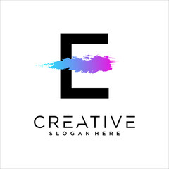 E Letter With Artistic Brush Stroke Ending.Purple Blue Electric Vibrant Color Vector Illustration.