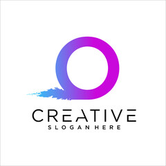 O Letter With Artistic Brush Stroke Ending.Purple Blue Electric Vibrant Color Vector Illustration.