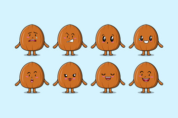 Set kawaii Almond nut cartoon character with different expressions of cartoon face vector illustrations