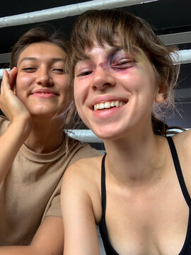 two girls after boxing workout make a selfie