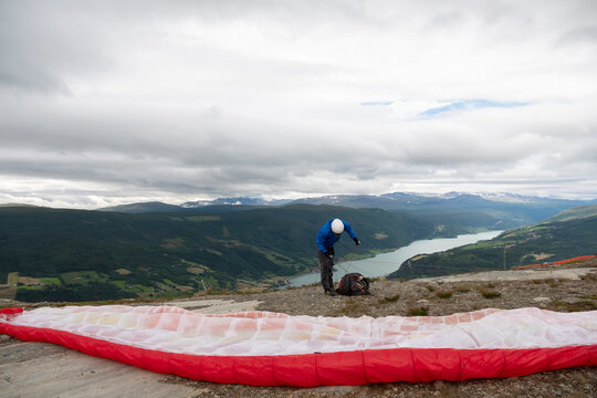 Paraglider Getting Ready To Fly