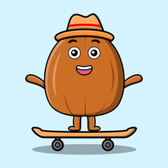 cute cartoon Almond nut standing on skateboard with cartoon vector illustration style illustration