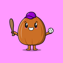 Cute cartoon Almond nut character playing baseball in modern style design illustration