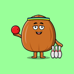 Cute cartoon Almond nut character playing bowling in flat modern style design illustration