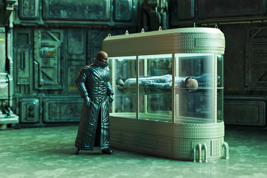 Future civilisation: black man watches another lying in cryo pod