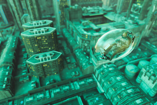 Future civilisation: man in pod flies over city