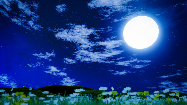 Full moon shone brightly, with many stars in the sky and a few white clouds passing by. Natural scenery, meadows and mountains at night. 3D rendering