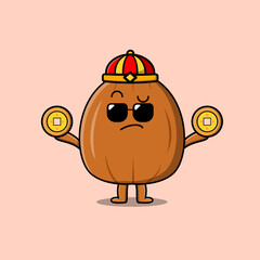 Cute cartoon almond nut chinese character holding coin in vector icon illustration
