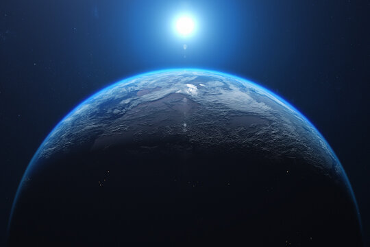 Fototapeta Planet Earth Surface and Sunrise Render.