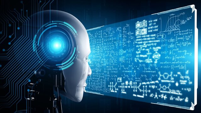 Hominoid AI Robot Looking At Hologram Screen In Concept Of Math Calculation And Scientific Equation Analytic Using Artificial Intelligence By Machine Learning Process. 3D Rendering.