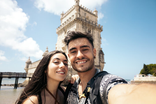 Selfie Of A Couple Of Young Travelers In The Belem Tower