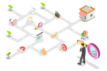 Isometric flat  concept of serching for optimal customer journey.