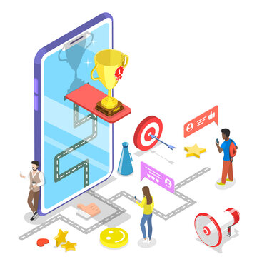 Isometric flat  concept of gamification, interactive content.