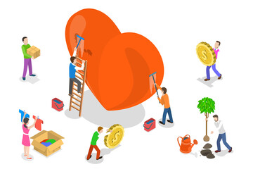 Isometric flat  concept of volunteering and support, donation.