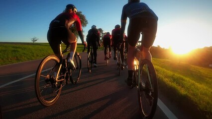 Cyclists riding bicycles in golden sunset lights - Powered by Adobe