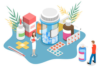 Isometric  Conceptual Illustration of Pharmacy Store.
