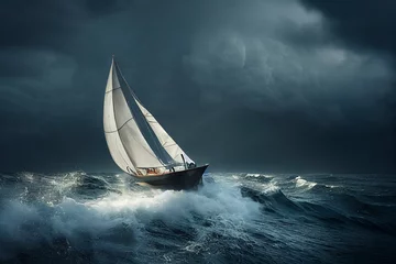 Fotobehang Schipbreuk Sail ship in stormy weather, painting of a boat and crashing waves  © Mikiehl Design