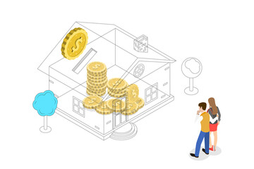 Isometric Flat Concept of Mortgage, Investing Money in Real Estate.