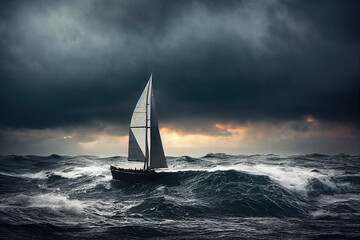 Sail ship in stormy weather, painting of a boat and crashing waves - obrazy, fototapety, plakaty
