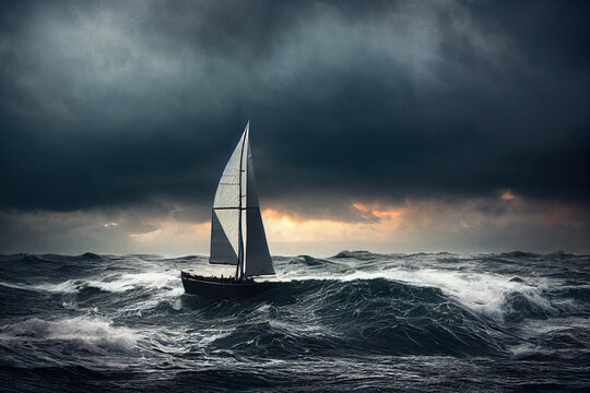 Sail ship in stormy weather, painting of a boat and crashing waves