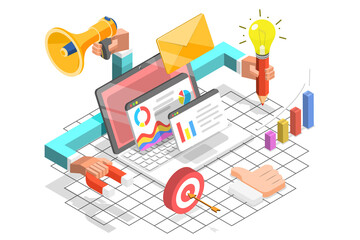 3D Isometric Flat  Concept of Digital Marketing Agency.