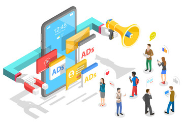 3D Isometric Flat  Concept of Mobile Advertising, Social Media Campaign.