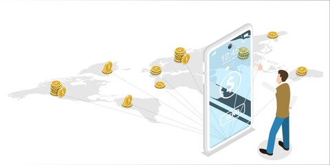 3D Isometric Flat  Concept of Money Transfer Mobile App.