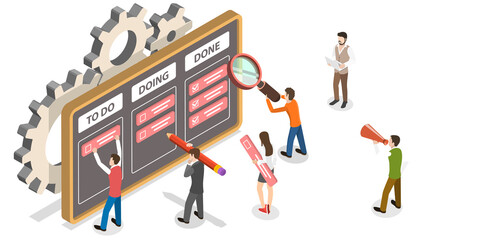 3D Isometric Flat  Concept of Task Management Process, Scheduling Tool.