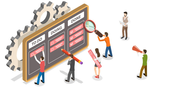 3D Isometric Flat  Concept of Task Management Process, Scheduling Tool.