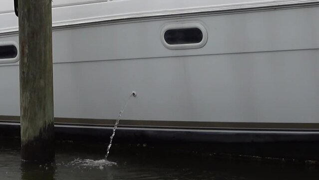 Marine air conditioner water discharge, boat pump out water, Selective focus, side view