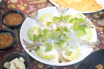 Raw and fresh shrimp in fish sauce, hot and spicy seafood. In Thai called Kung chae nampla, Thai people popular eating when hang out at parties